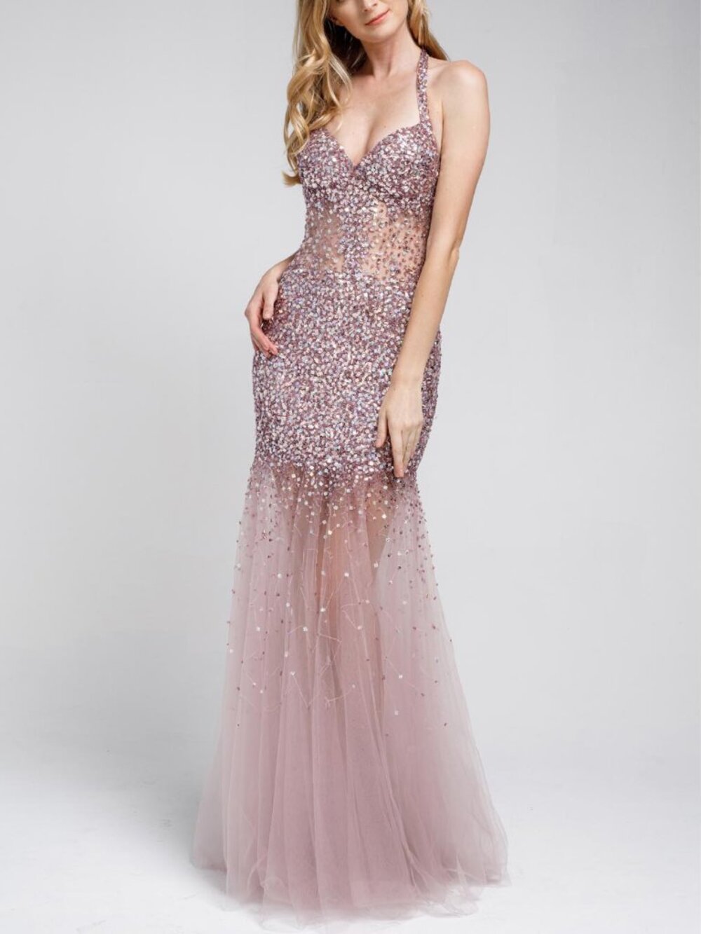 Mauve Sequin & Rhinestone Halter Formal Prom Dress 4